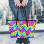 Psychedelic Rainbow Trippy Print Leather Tote Bag