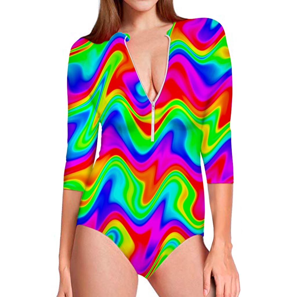 Psychedelic Rainbow Trippy Print Long Sleeve Swimsuit