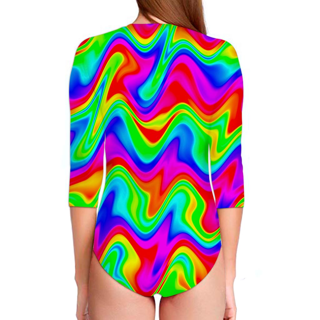 Psychedelic Rainbow Trippy Print Long Sleeve Swimsuit