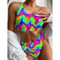 Psychedelic Rainbow Trippy Print One Shoulder Bikini Set