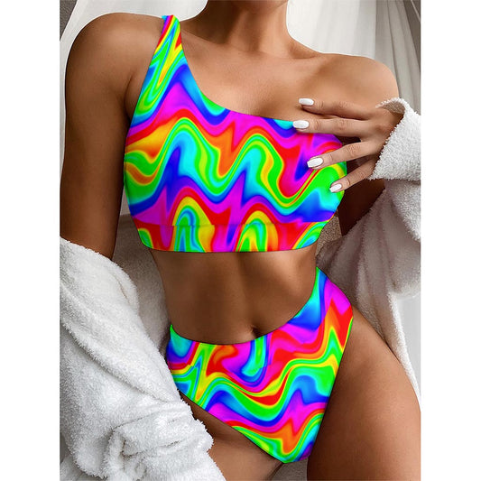 Psychedelic Rainbow Trippy Print One Shoulder Bikini Top