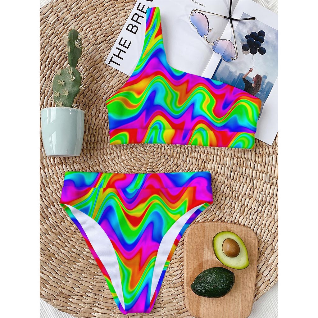 Psychedelic Rainbow Trippy Print One Shoulder Bikini Top