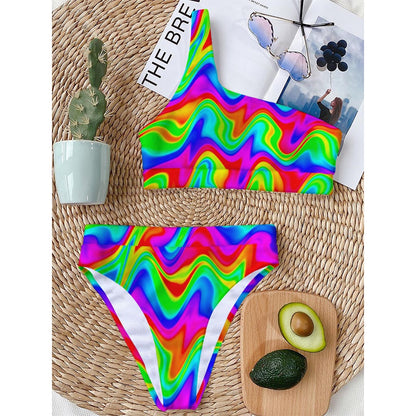 Psychedelic Rainbow Trippy Print One Shoulder Bikini Top