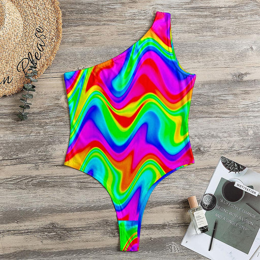 Psychedelic Rainbow Trippy Print One Shoulder Bodysuit