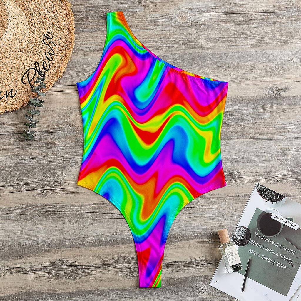 Psychedelic Rainbow Trippy Print One Shoulder Bodysuit