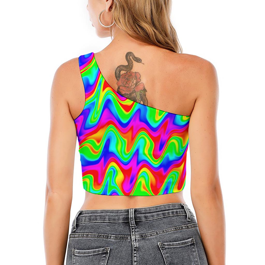 Psychedelic Rainbow Trippy Print One Shoulder Crop Top
