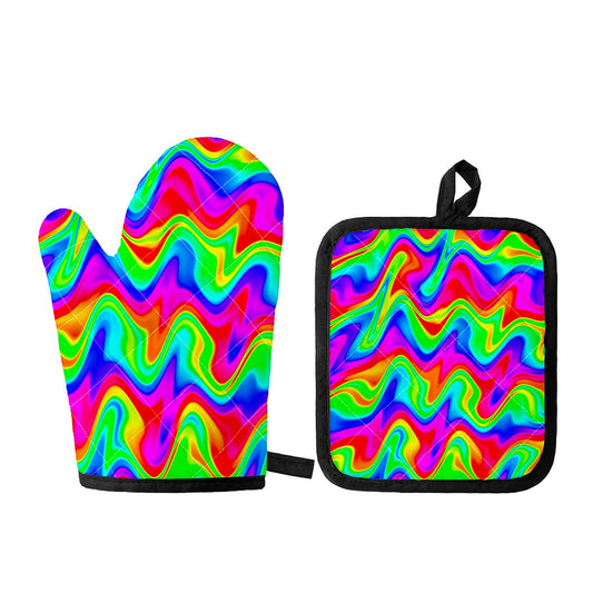 Psychedelic Rainbow Trippy Print Oven Mitt And Pot Holder Set