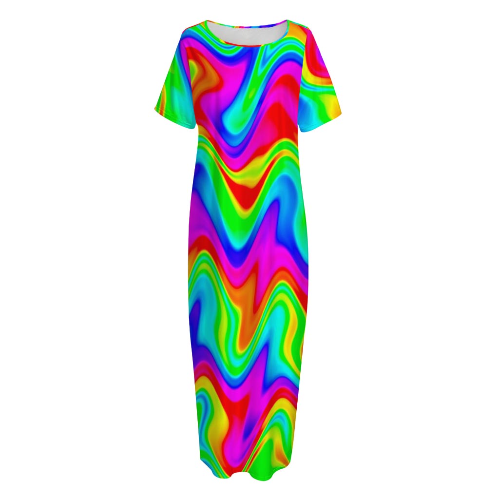 Psychedelic Rainbow Trippy Print Short Sleeve Long Nightdress