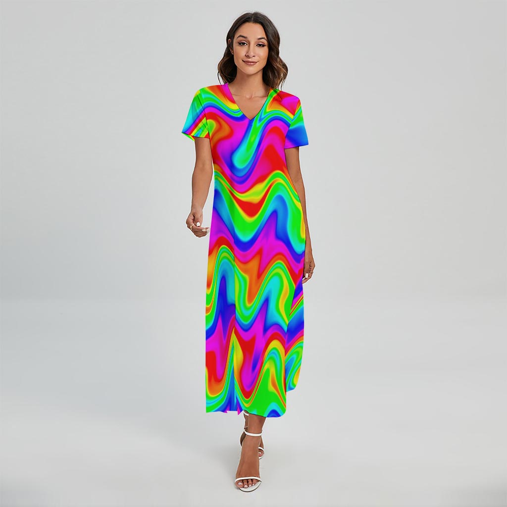 Psychedelic Rainbow Trippy Print Short Sleeve Maxi Dress