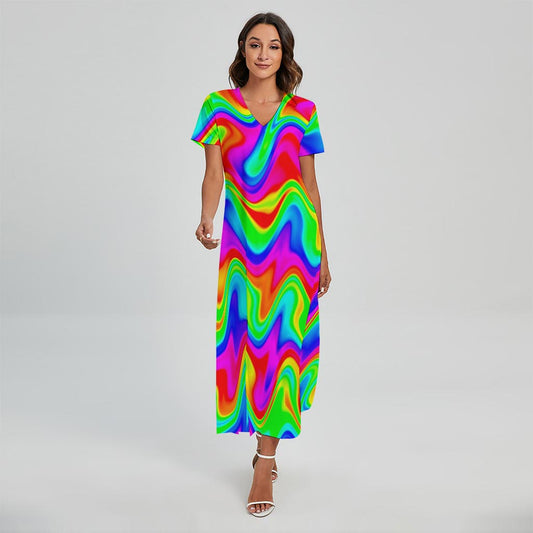 Psychedelic Rainbow Trippy Print Short Sleeve Maxi Dress