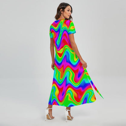Psychedelic Rainbow Trippy Print Short Sleeve Maxi Dress