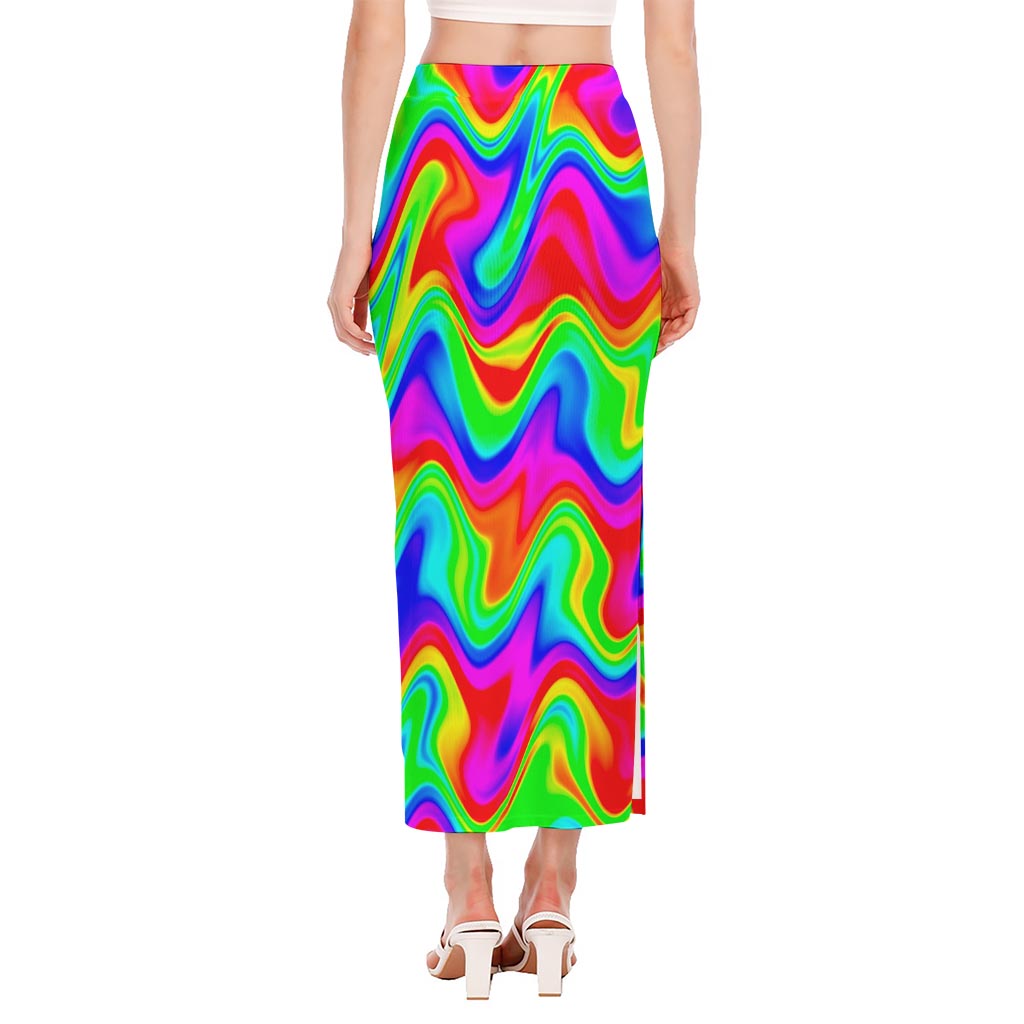 Psychedelic Rainbow Trippy Print Side Slit Maxi Skirt