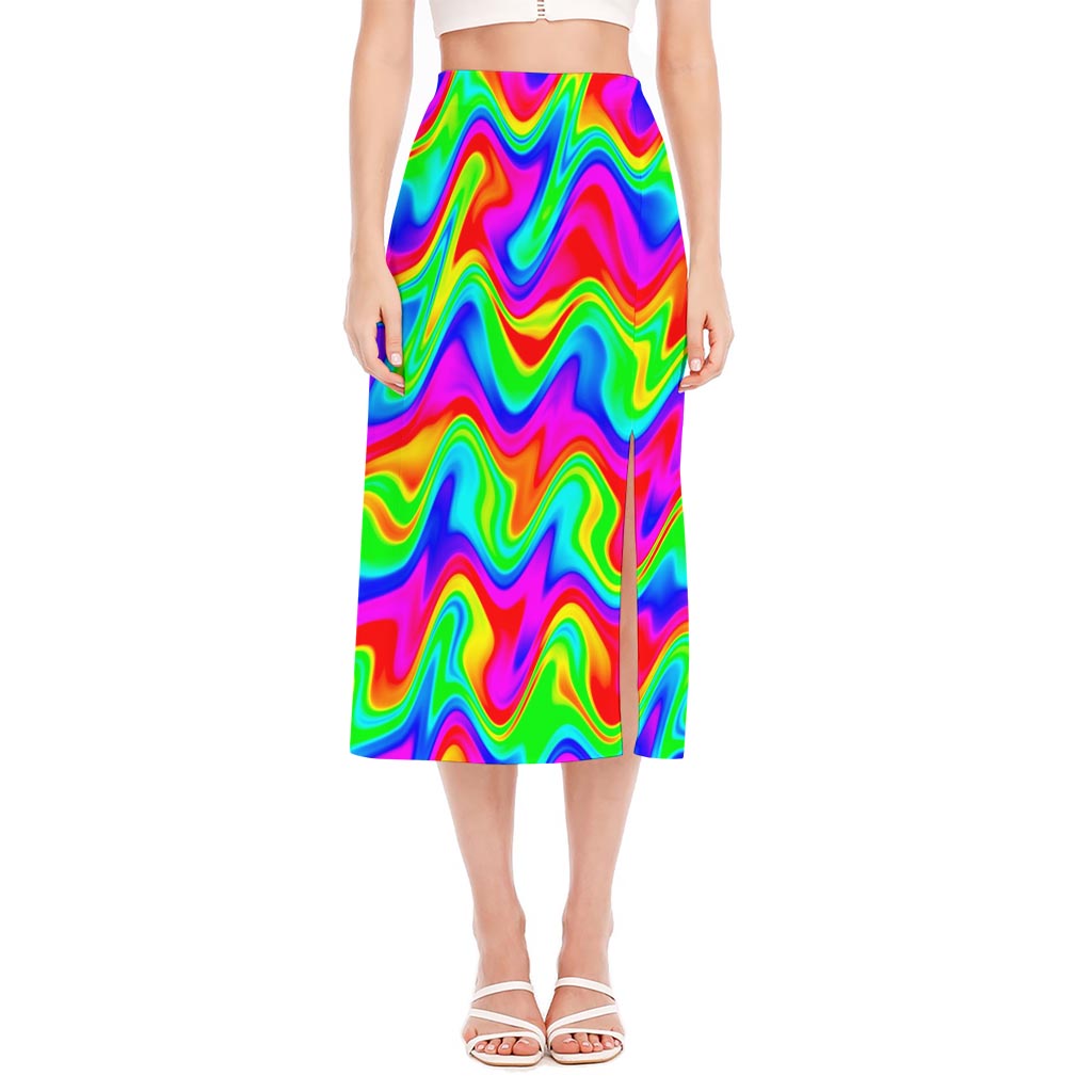 Psychedelic Rainbow Trippy Print Side Slit Midi Skirt