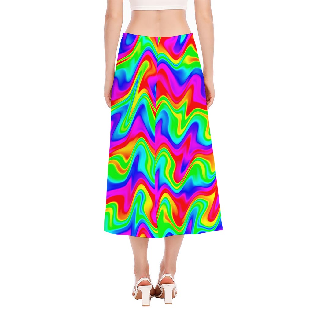 Psychedelic Rainbow Trippy Print Side Slit Midi Skirt