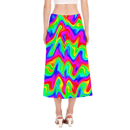 Psychedelic Rainbow Trippy Print Side Slit Midi Skirt