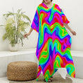 Psychedelic Rainbow Trippy Print Silk V-Neck Kaftan Dress