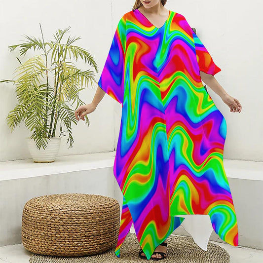 Psychedelic Rainbow Trippy Print Silk V-Neck Kaftan Dress