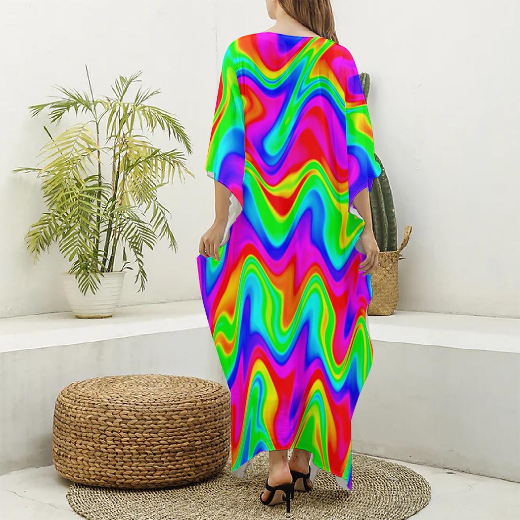 Psychedelic Rainbow Trippy Print Silk V-Neck Kaftan Dress