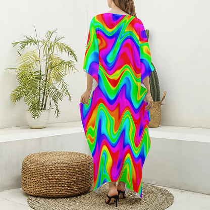 Psychedelic Rainbow Trippy Print Silk V-Neck Kaftan Dress