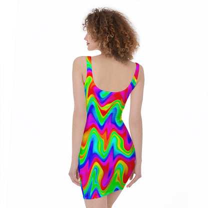 Psychedelic Rainbow Trippy Print Sleeveless Bodycon Dress