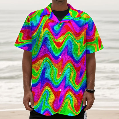 Psychedelic Rainbow Trippy Print Textured Short Sleeve Shirt
