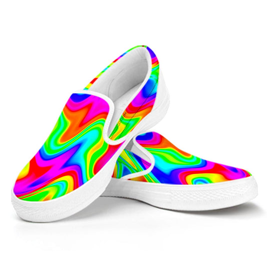 Psychedelic Rainbow Trippy Print White Slip On Sneakers