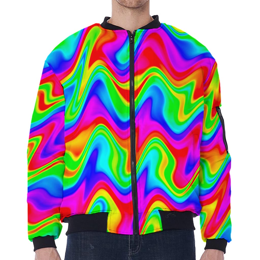 Psychedelic Rainbow Trippy Print Zip Sleeve Bomber Jacket