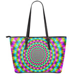 Psychedelic Rave Optical Illusion Leather Tote Bag