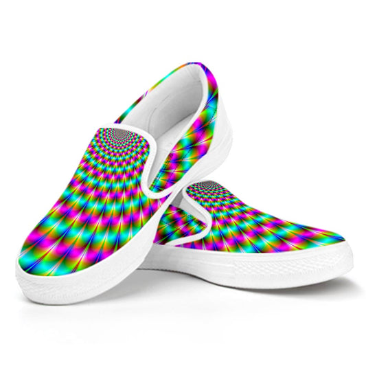 Psychedelic Rave Optical Illusion White Slip On Sneakers