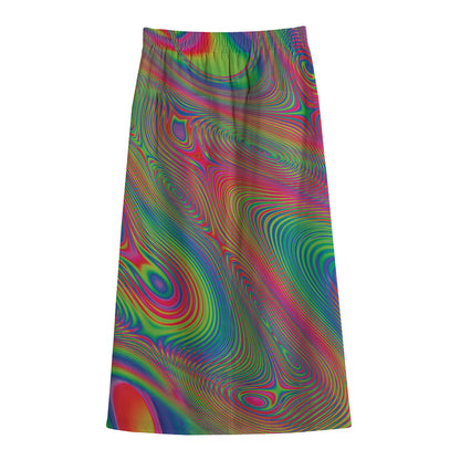 Psychedelic Rave Print Cotton Front Slit Maxi Skirt