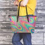 Psychedelic Rave Print Leather Tote Bag
