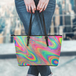 Psychedelic Rave Print Leather Tote Bag