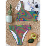 Psychedelic Rave Print One Shoulder Bikini Top