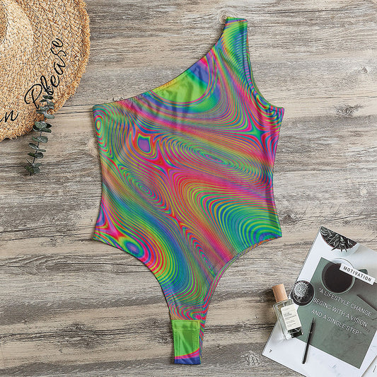 Psychedelic Rave Print One Shoulder Bodysuit