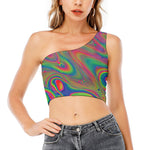 Psychedelic Rave Print One Shoulder Crop Top