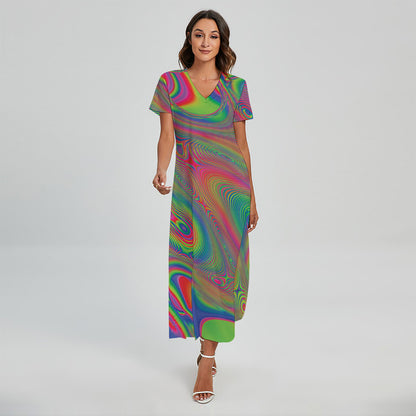 Psychedelic Rave Print Short Sleeve Maxi Dress