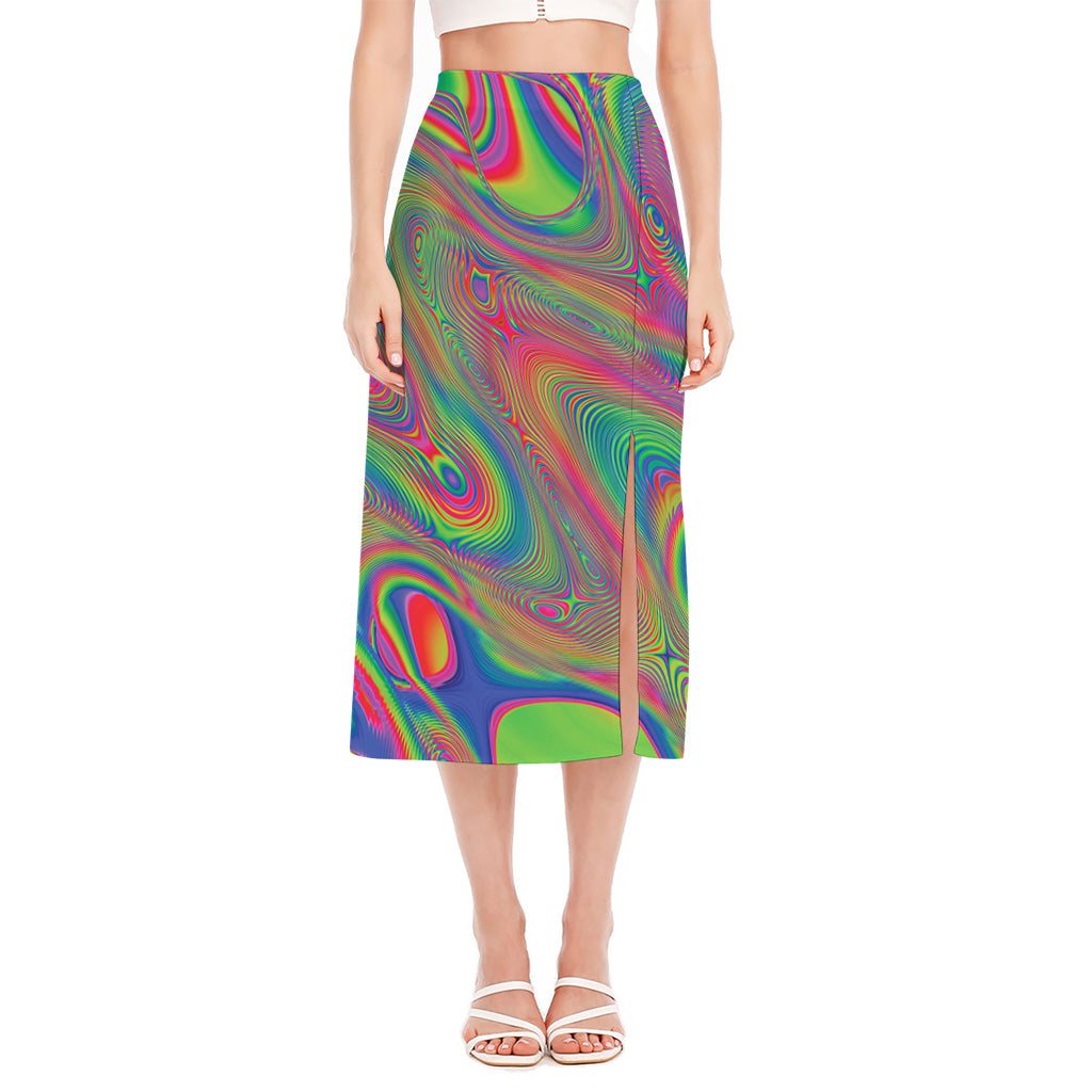 Psychedelic Rave Print Side Slit Midi Skirt
