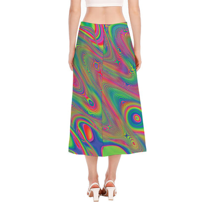 Psychedelic Rave Print Side Slit Midi Skirt