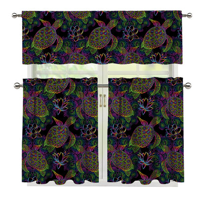 Psychedelic Sea Turtle Pattern Print 3 Piece Kitchen Curtains