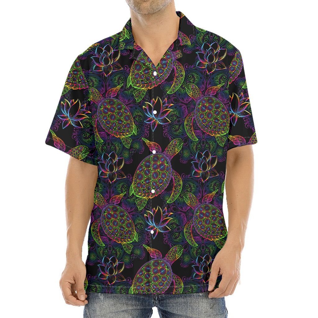 Psychedelic Sea Turtle Pattern Print Aloha Shirt