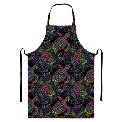 Psychedelic Sea Turtle Pattern Print Bib Apron With Pocket