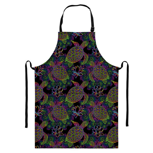 Psychedelic Sea Turtle Pattern Print Bib Apron With Pocket