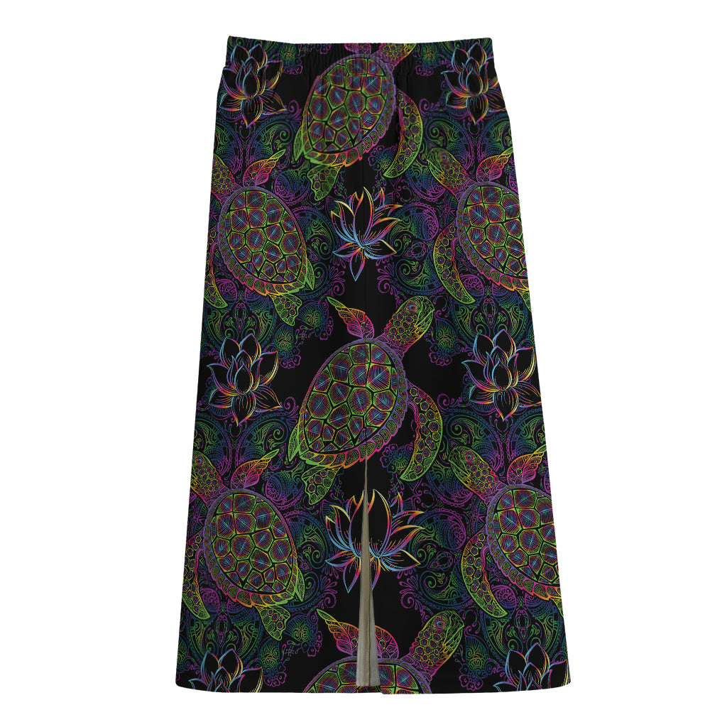 Psychedelic Sea Turtle Pattern Print Cotton Front Slit Maxi Skirt