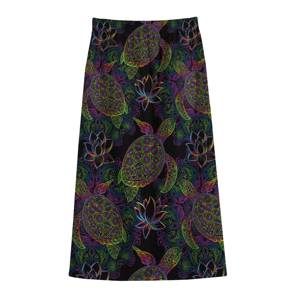 Psychedelic Sea Turtle Pattern Print Cotton Front Slit Maxi Skirt
