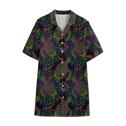 Psychedelic Sea Turtle Pattern Print Cotton Hawaiian Shirt