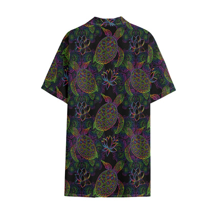 Psychedelic Sea Turtle Pattern Print Cotton Hawaiian Shirt