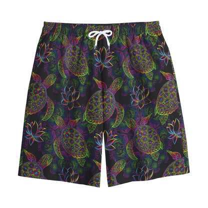Psychedelic Sea Turtle Pattern Print Cotton Shorts