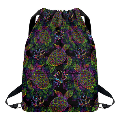 Psychedelic Sea Turtle Pattern Print Drawstring Backpack