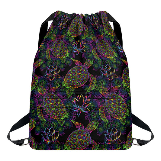 Psychedelic Sea Turtle Pattern Print Drawstring Backpack