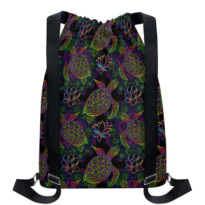 Psychedelic Sea Turtle Pattern Print Drawstring Backpack